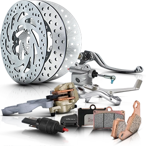 Motorrad-Bremsscheiben, Bremsbeläge und Zubehörteile auf weißem Hintergrund.